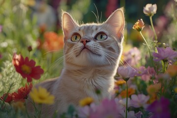 Poster - A domestic cat sits amidst a beautiful field of colorful flowers, providing a serene and peaceful atmosphere