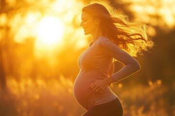 Poster - A pregnant woman standing in a sunny field during sunset, great for health and wellness concepts