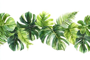 Poster - Watercolor painting of colorful tropical leaves on a white background, ideal for travel or nature-themed designs
