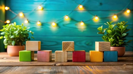 Poster - Colorful Wooden Blocks Arranged on a Wooden Surface with Green Plants and String Lights in the Background