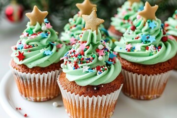 Aufkleber - Cupcakes with green frosting and star designs, perfect for a birthday party or special treat