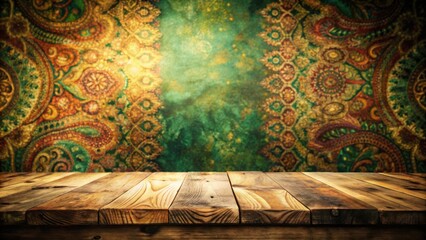 Poster - A rustic wooden tabletop with a vintage, ornate background of paisley patterns and muted green hues.