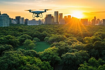 Aufkleber - Aerial view of a dense forest with vibrant green foliage and sunlight filtering through the trees