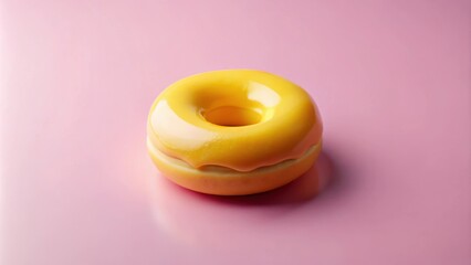 Poster - A single glazed donut, featuring a vibrant yellow glaze, rests on a soft pink background. The donut's glossy surface reflects the light, highlighting its circular shape and inviting texture.