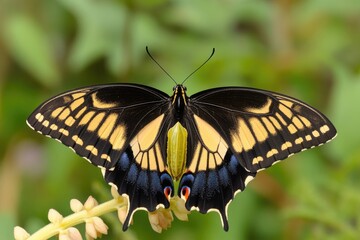 Poster - A black and yellow butterfly sits on the leaves of a plant, its delicate wings folded