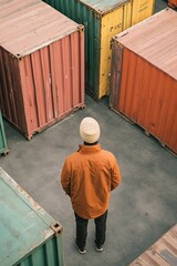 Aufkleber - A person standing among numerous shipping containers, ready for use or storage