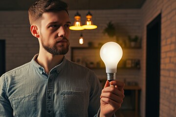 Poster - A person holding a light bulb, possibly fixing or using it for a task