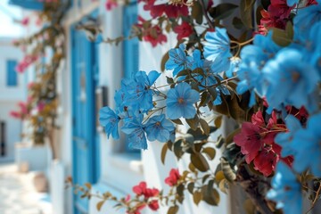 Aufkleber - A bunch of blue and red flowers adorn the exterior of a building