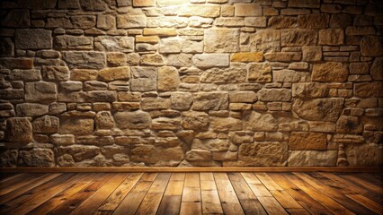 Poster - A rustic stone wall with a spotlight above a wooden floor, perfect for interior design and architecture inspiration.