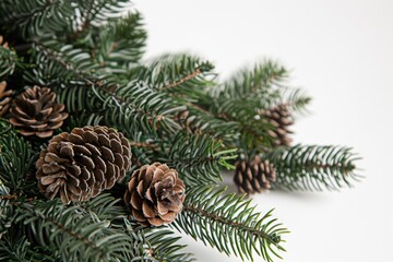 Poster - A bundle of pinecones rests at the top of a tall pine tree, surrounded by branches and foliage
