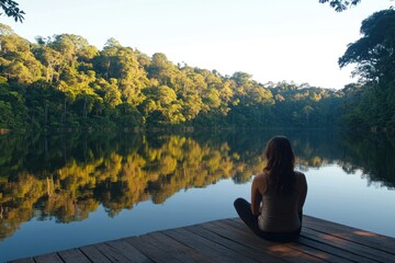 Aufkleber - A woman sits on a dock overlooking a serene lake