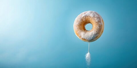 Poster - A frosted donut hangs from a thin thread, its sugar coating gently raining down on a blue background.