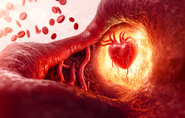 Wall Mural - Cholesterol blocked artery with human heart. 3d illustration..