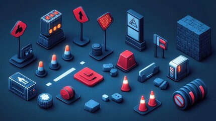 Poster - isometric detailed icon set for road signs and barriers vector graphic illustration desig