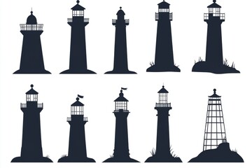 Poster - A collection of lighthouse silhouettes against a white background, perfect for use in designs related to travel, navigation, or coastal themes