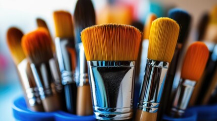 Poster - Collection of paintbrushes stored in a blue container, ideal for art studio or crafting use
