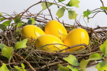 Poster - Three yellow eggs in a natural habitat surrounded by green leaves