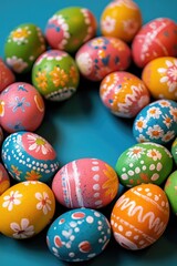 Poster - Colorful Easter eggs arranged in a circular pattern on a blue background, perfect for spring celebrations or Easter-themed decorations