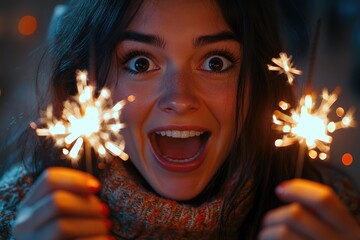 Aufkleber - A person holding sparklers in front of their face, creating a playful and whimsical effect
