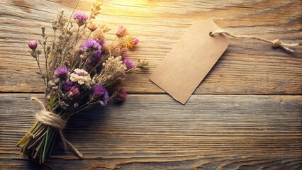 Poster - A rustic bouquet of dried wildflowers tied with twine next to a blank tag on a weathered wood surface