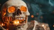 ©  lukaPixMedia - A skull is featured with brightly glowing ember-like eyes, surrounded by swirling smoke, presenting a nightmarish and infernal visual experience.