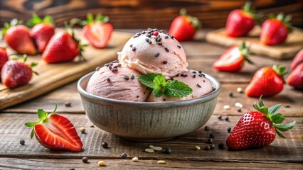 Poster - Strawberry ice cream with dark chocolate sprinkles in a bowl on a rustic wooden surface with fresh strawberries