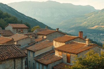 Poster - A picturesque mountain village surrounded by lush greenery and towering peaks
