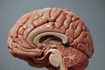Poster - A detailed close-up of a plastic or resin model of the human brain, useful for medical, educational and scientific illustrations