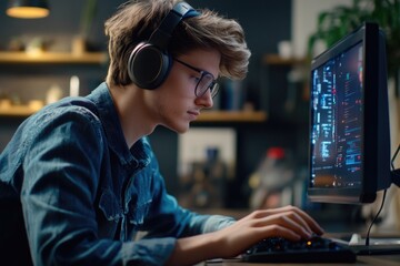 Poster - A person sitting at a desk with headphones on and typing away, great for office or study settings