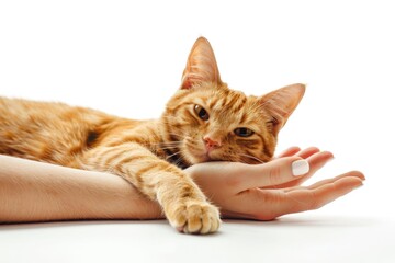 Poster - A close-up of an orange cat resting on someone's hand, with the cat's face and paws visible