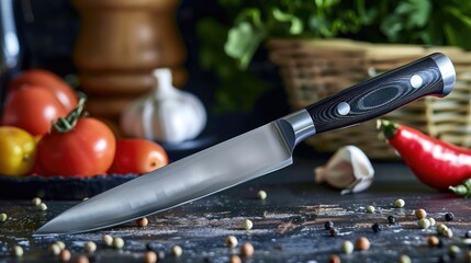 Poster - A single knife sitting on a wooden table, perfect for still life photography or cooking scenes