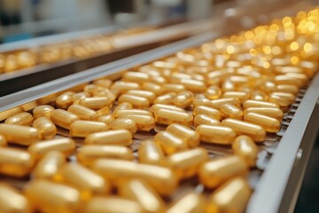 Aufkleber - A close-up shot of a conveyor belt loaded with numerous yellow pills, suitable for use in pharmaceutical or manufacturing contexts