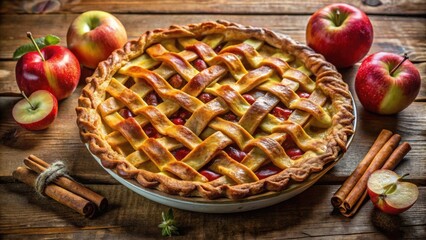 Aufkleber - A freshly baked apple pie with a golden crust and a lattice top, surrounded by whole apples and cinnamon sticks on a rustic wooden table.