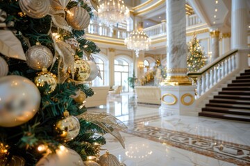 Aufkleber - A beautifully decorated Christmas tree in a luxurious hotel lobby