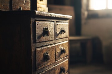 Poster - A close-up shot of a wooden dresser with ornate carvings and drawers, placed in a cozy room