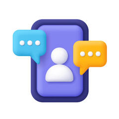 Poster - Smartphone with speech bubbles and human avatar icon. Social media, marketing, network, online chatting, video call, customer service concept. 3d vector icon. Cartoon minimal style.