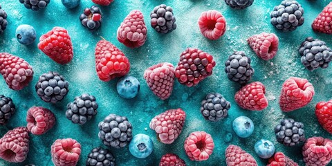 Poster - A vibrant arrangement of frozen blueberries, raspberries, and blackberries, showcasing their natural beauty and delicate frost coating.