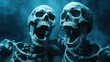 ©  lukaPixMedia - Two animated skeletons with open jaws appear to be caught in a silent scream, surrounded by smoke, presenting a surreal and nightmarish vision.