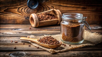 Aufkleber - Roasted brown lentils in a wooden spoon on burlap fabric beside a jar of lentil powder, rustic wooden backdrop