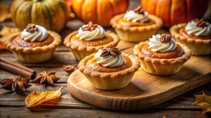 Poster - Mini Pumpkin Pies with Whipped Cream and Star Anise on Rustic Wooden Table