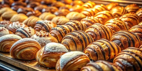Poster - A close-up view of a selection of freshly baked pastries, including croissants with chocolate swirls, glazed pastries, and other sweet treats, displayed on a wooden tray in a bakery