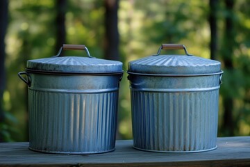 Poster - Two metal trash cans placed on a wooden table, ready for use