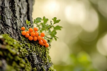 Poster - A cluster of orange berries grows on a tree branch