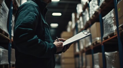 Poster - A person holding a clipboard in a warehouse setting, possibly checking inventory or managing supplies