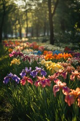 Poster - A serene scene featuring a vibrant field of flowers set against a backdrop of towering trees