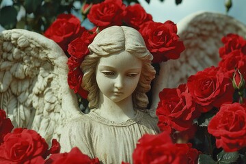 Poster - A beautiful sculpture of an angel surrounded by vibrant red roses, perfect for decoration or inspiration