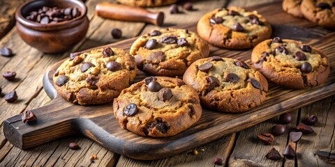 Poster - A Rustic Arrangement of Chocolate Chip Cookies on a Wooden Cutting Board with Scattered Chocolate Chips