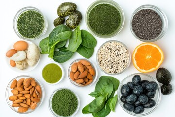 Poster - A variety of fresh fruits and vegetables arranged in decorative bowls