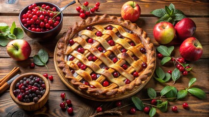 Poster - A Rustic Cherry Pie with a Latticed Crust, Surrounded by Fresh Apples, Berries, and Greenery on a Wooden Table
