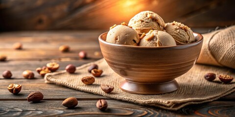 Aufkleber - Creamy Nutty Ice Cream Served in a Rustic Bowl on a Wooden Table with Hazelnuts and Coffee Beans